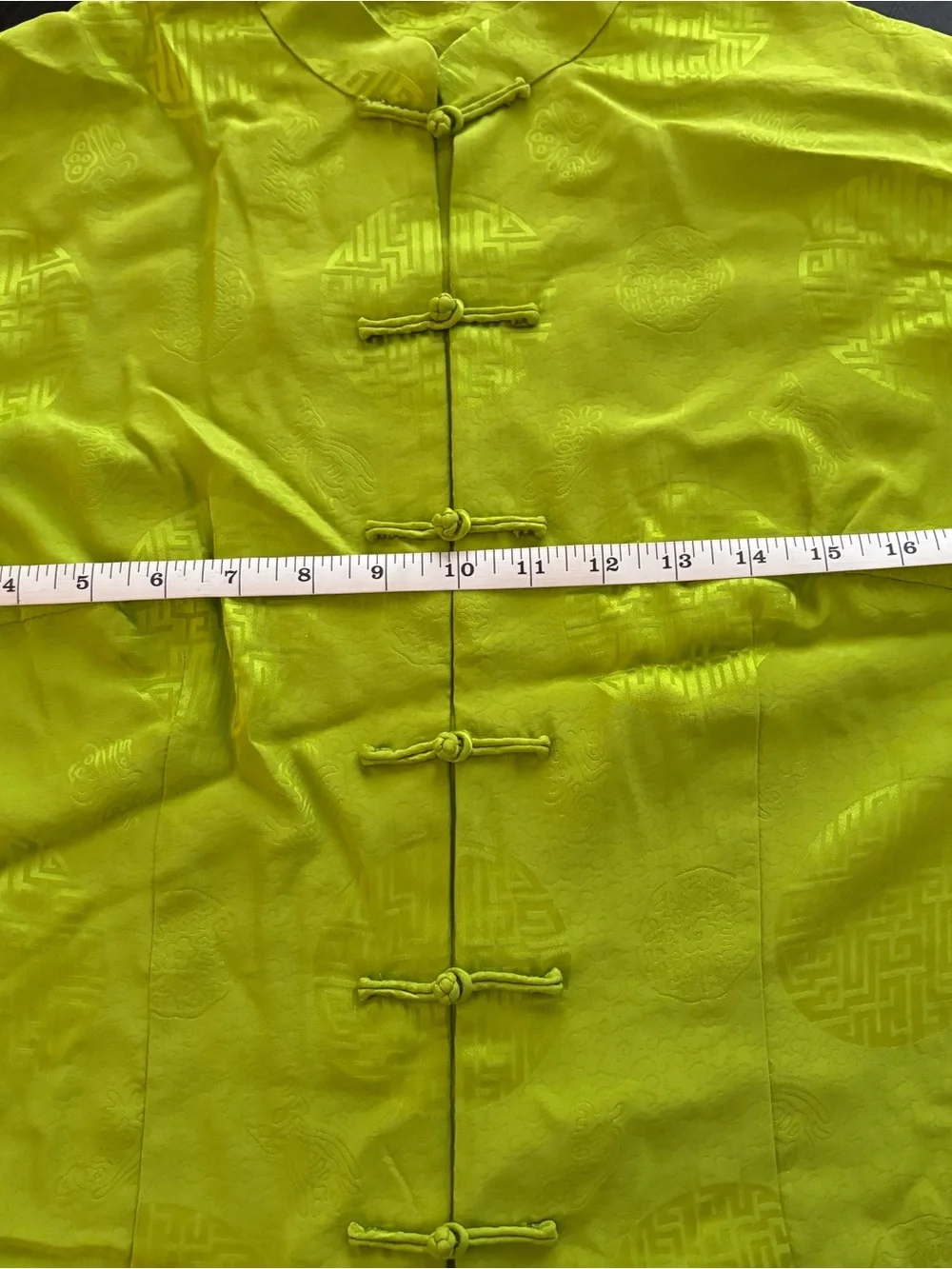 VTG Chartreuse Frog Button Jacquard Blouse Mandarin Collar Top - Picture 6 of 7